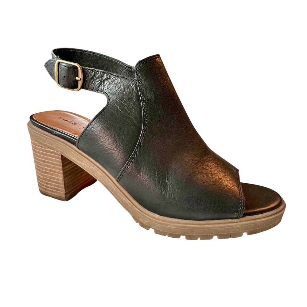 Lucky Brand Deylin Black Leather Block Heel Slingback Sandals Lug Sole Womens 10